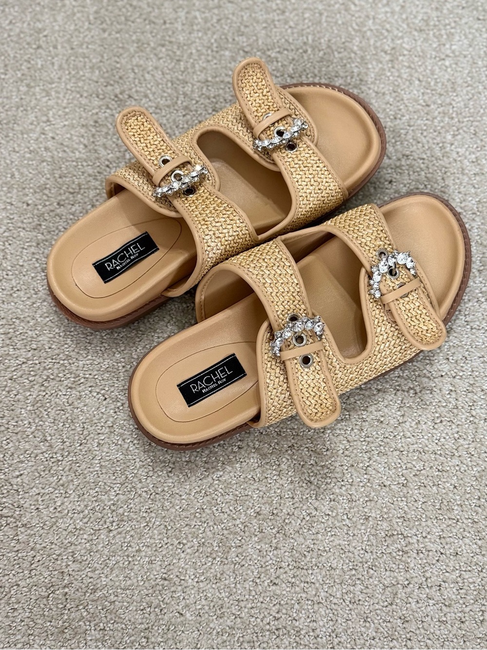 Rachel Roy Tan Woven Slide Sandals with Crystal Buckles